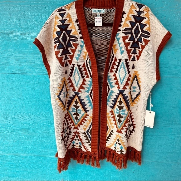 ROCKIN’ C RANCH WESTERN DUSTER FRINGE CARDIGAN SIZE MEDIUM/LARGE NWT - Picture 1 of 8